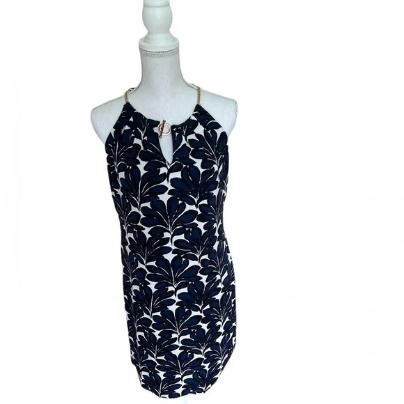 Ivanka Trump Navy Palm Print Halter Shift Dress M Sophisticated Resort Preppy - Picture 2 of 9
